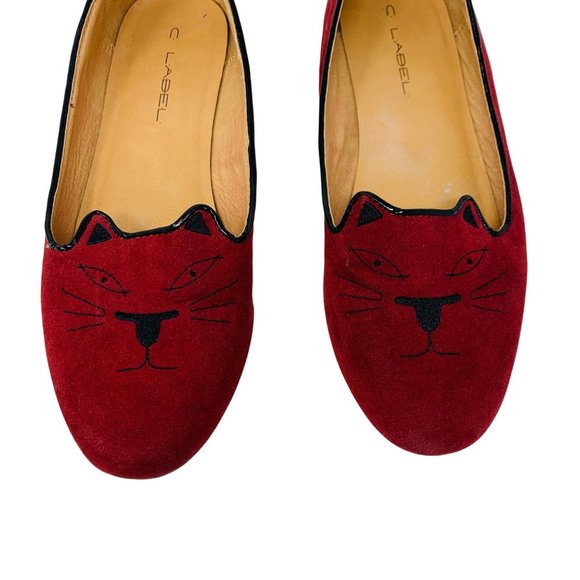 C Label Cat Face Loafer Flats Burgundy Red Faux Suede Women's Shoes 9 - Picture 3 of 13